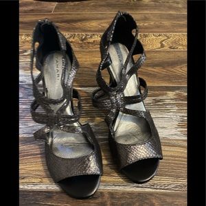 Tahari Metallic Strappy Zip Back Heels